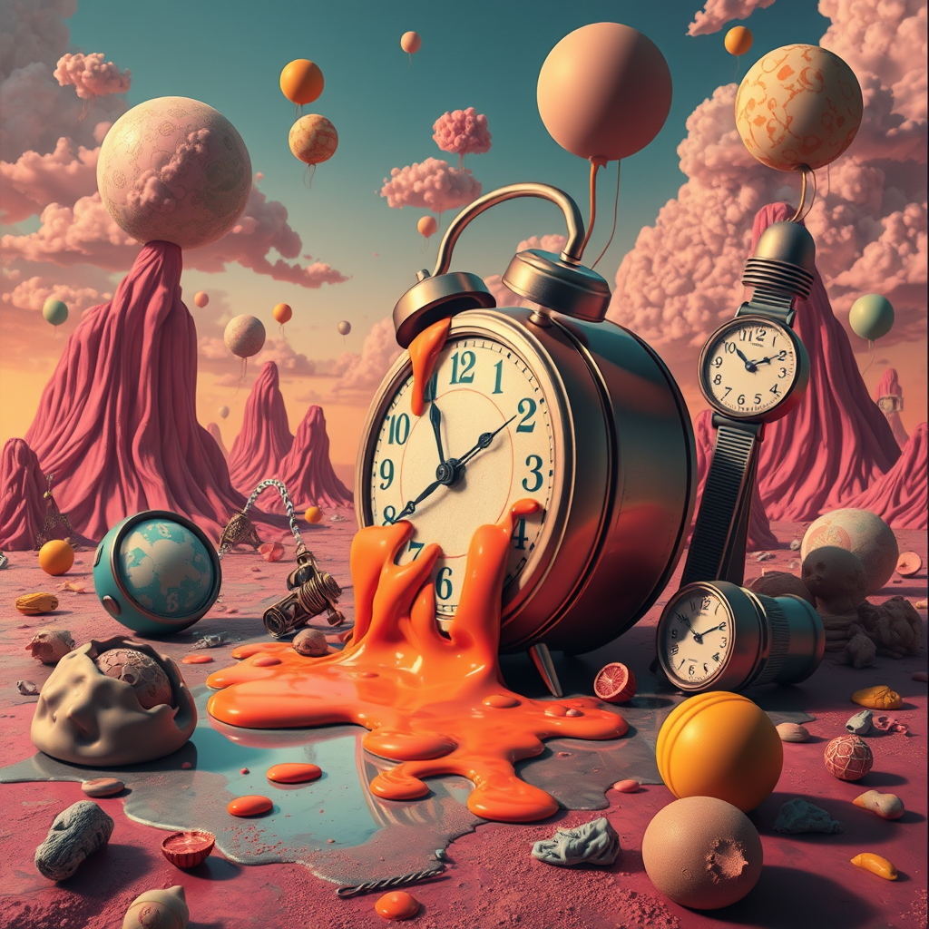 Surreal dreamscape with melting clocks and distorted objects in a vibrant, psychedelic style