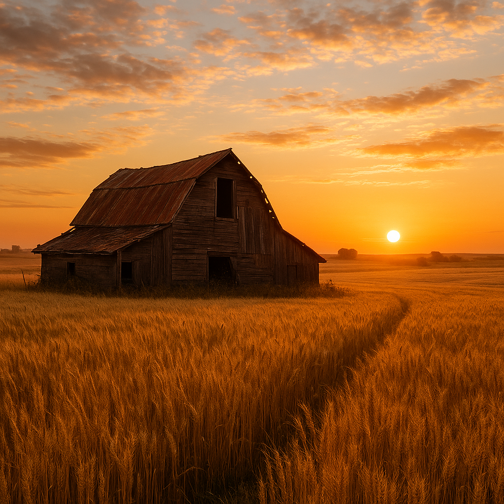 Rustic, rural landscape with a old, abandoned barn and golden wheat fields at sunrise